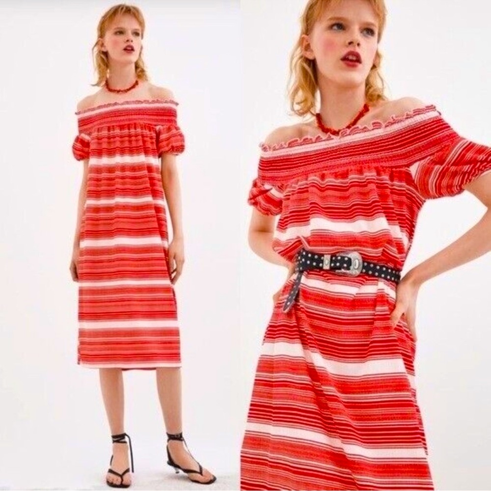Zara off the shoulder red & white midi dress